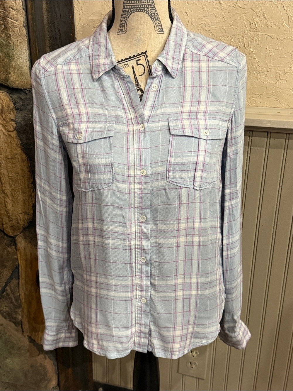 PAIGE Light Blue and Pink Plaid Button-Down Shirt